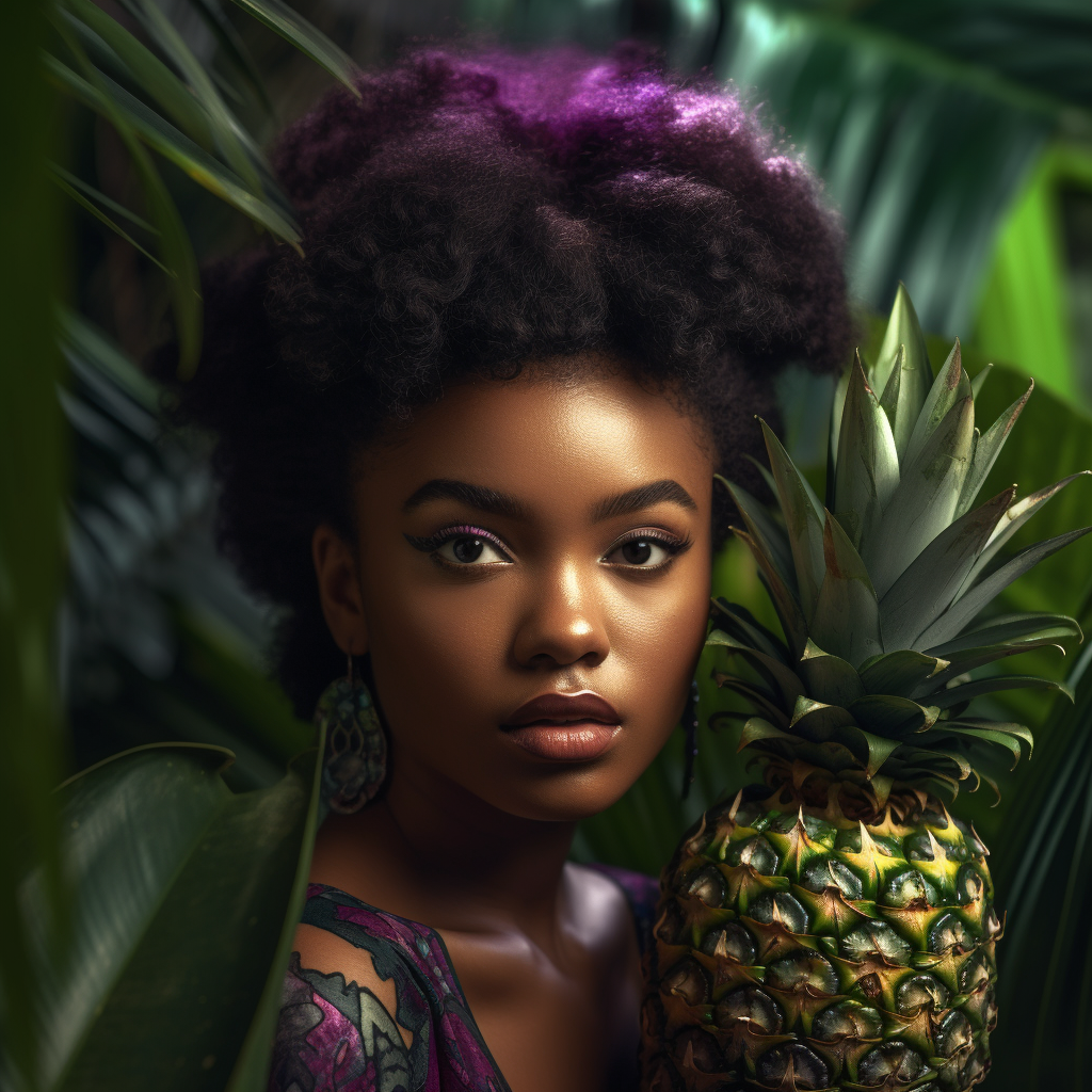 Gorgeous black woman with pineapple leaves in hair