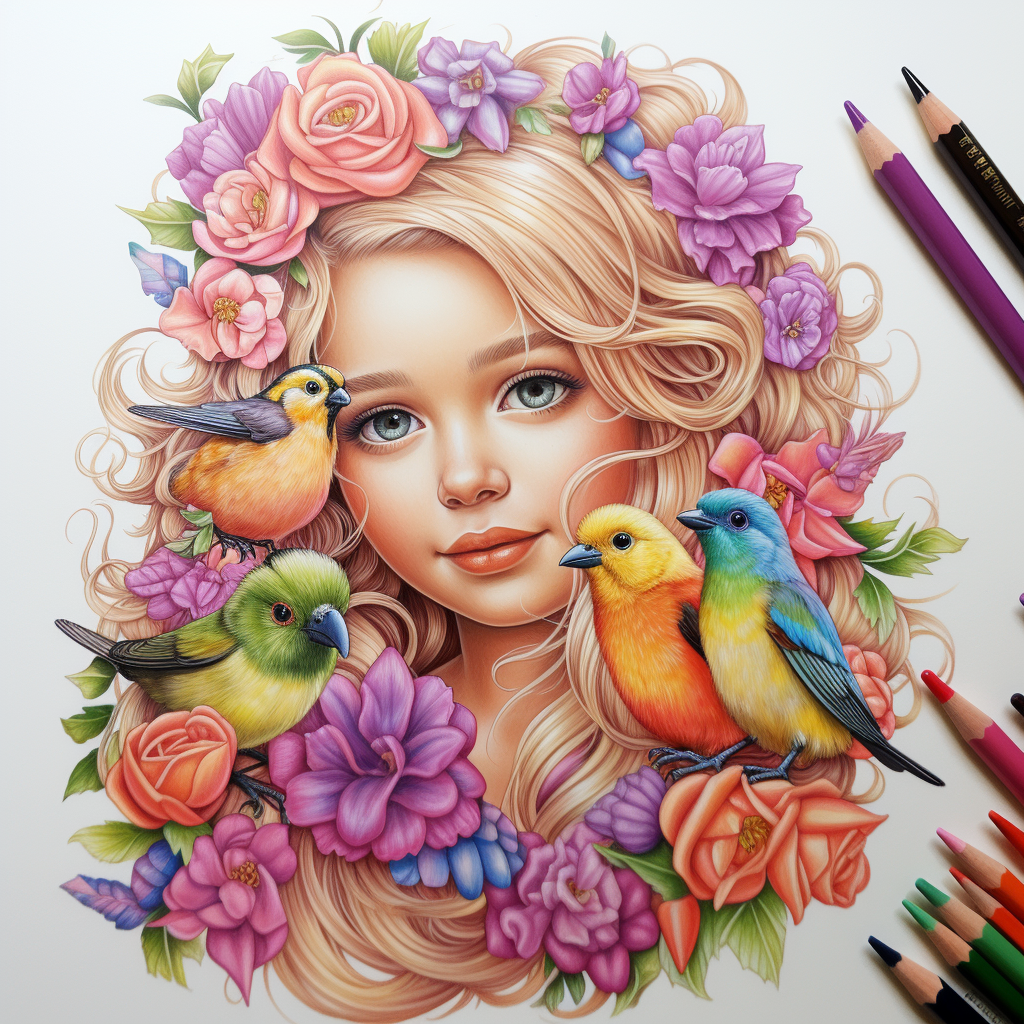 Blonde girl with flowers and birds