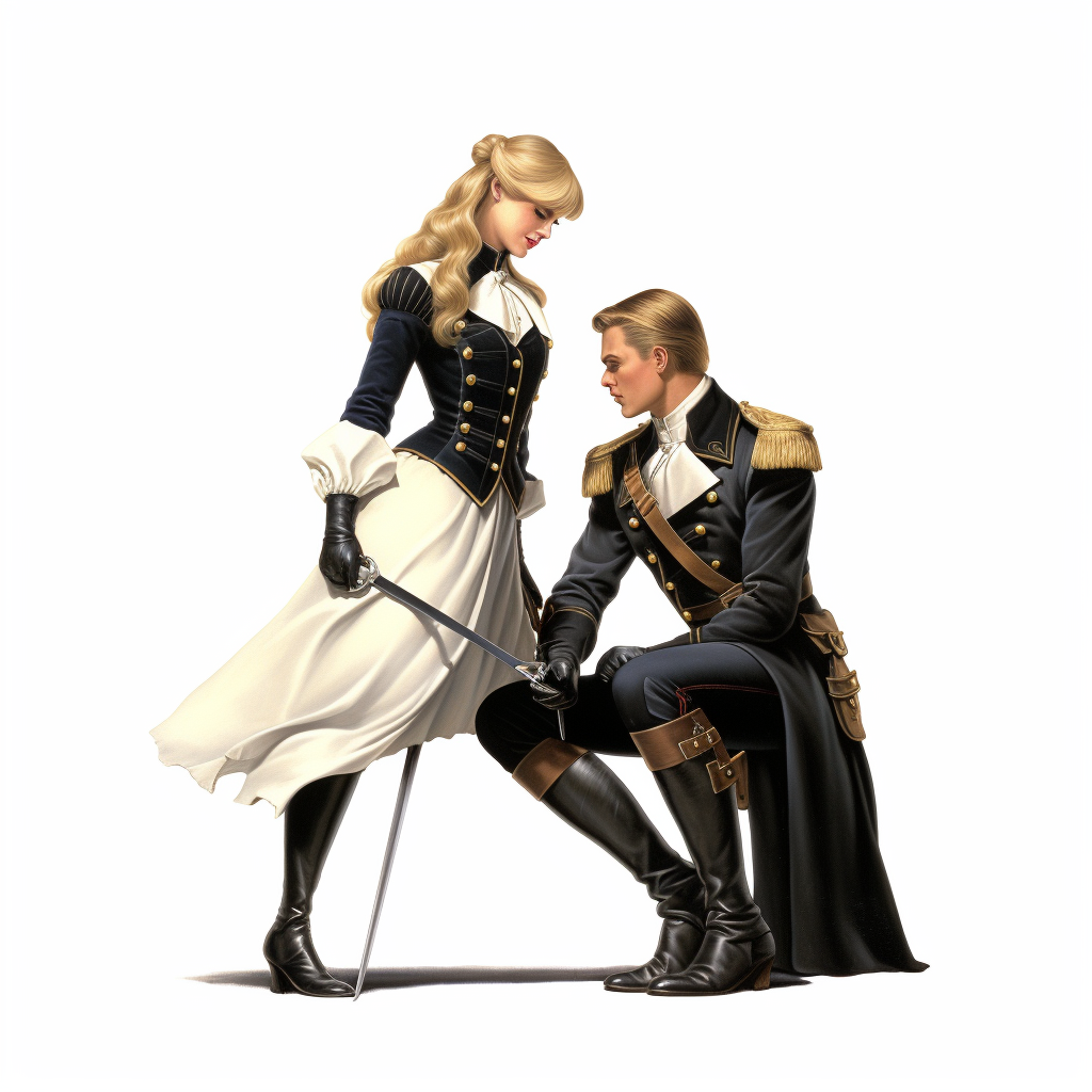 Gorgeous blond lady with cavalry soldier on horse