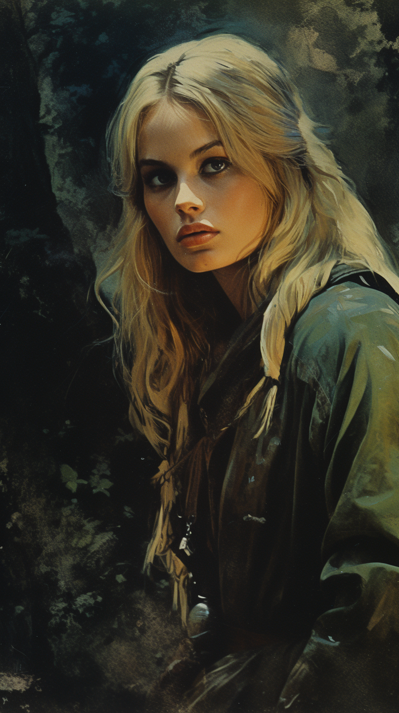 Illustration of a beautiful blonde girl drug dealer in a medieval forest