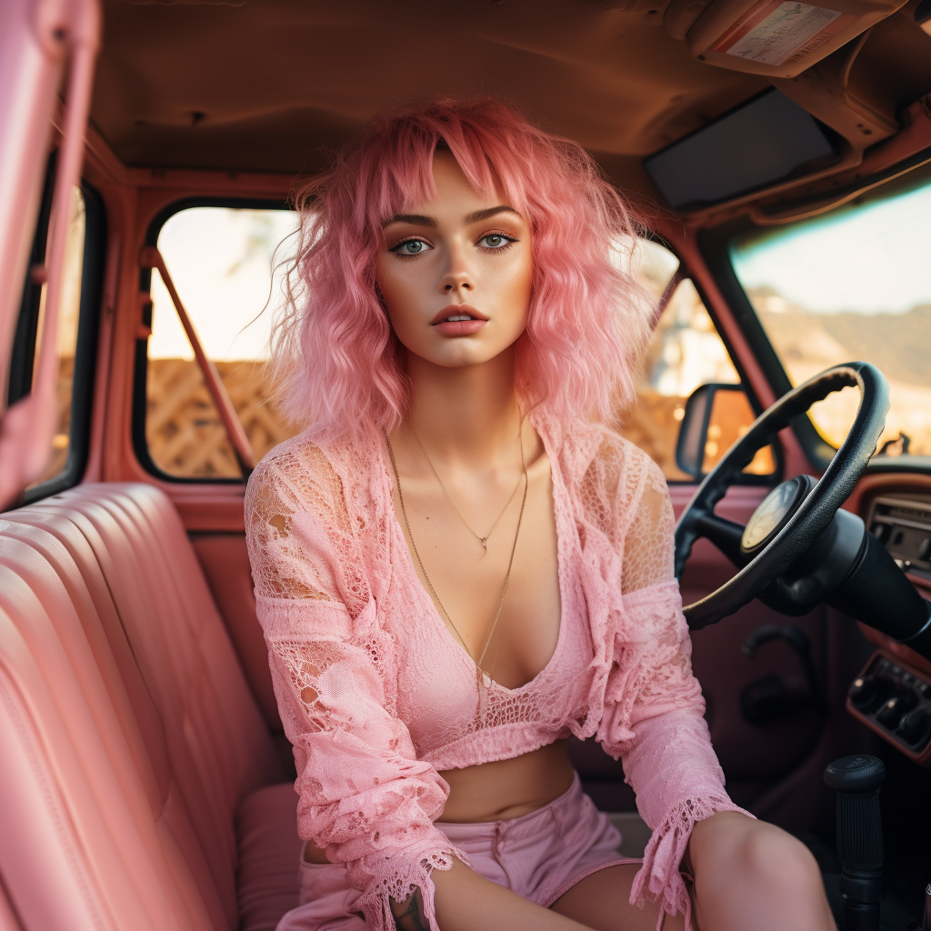 blonde-haired woman driving pink jeep