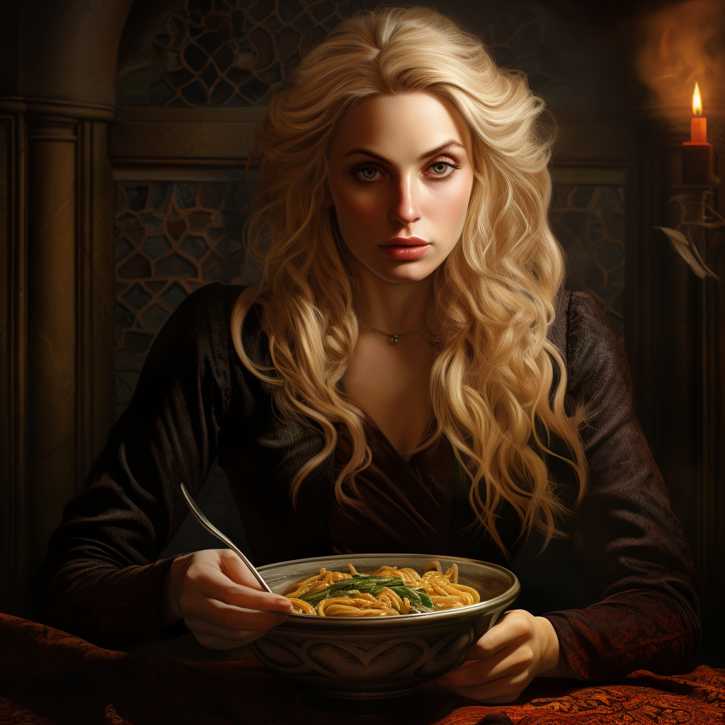 Beautiful blonde woman enjoying a bowl of pasta