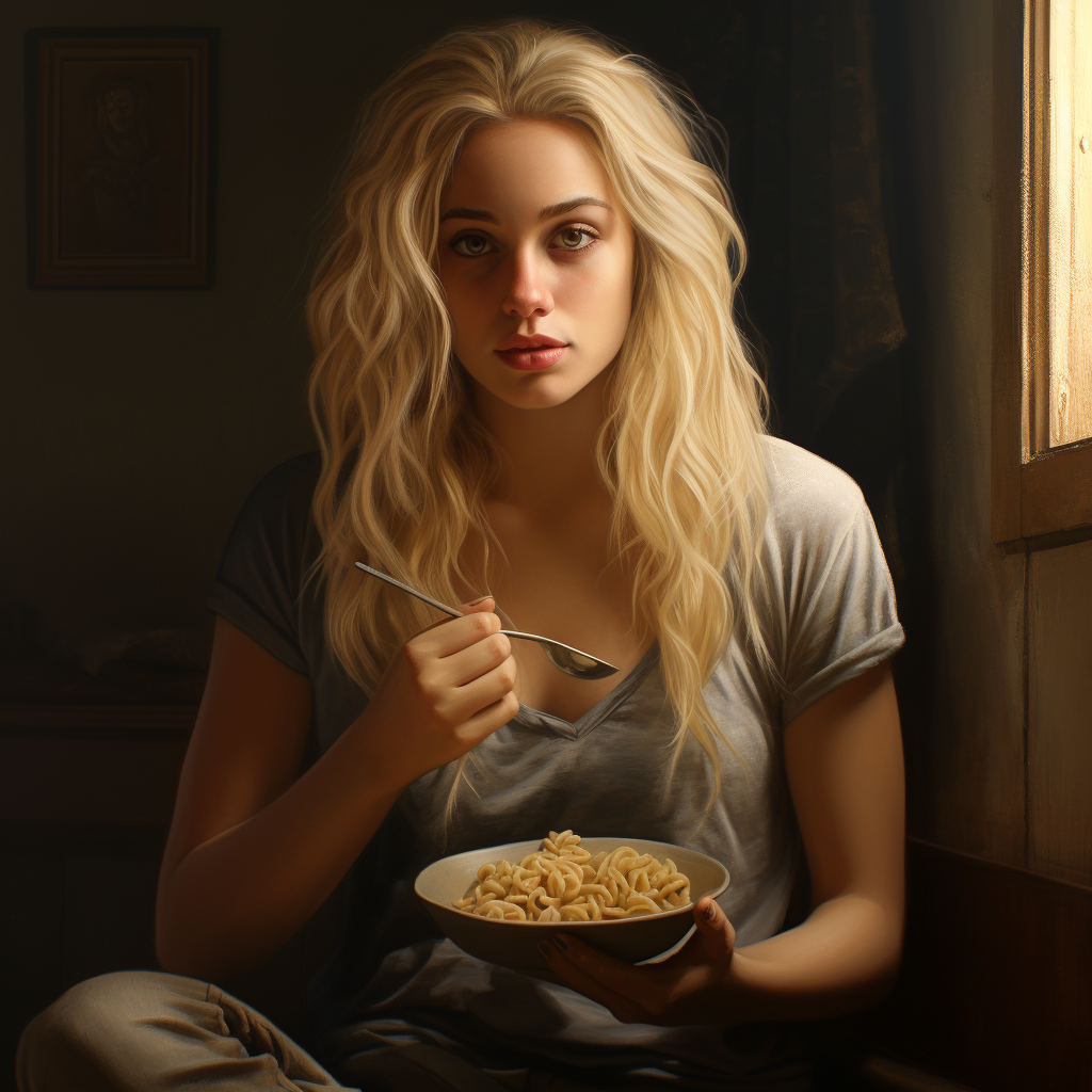 Blonde woman enjoying a delicious pasta meal