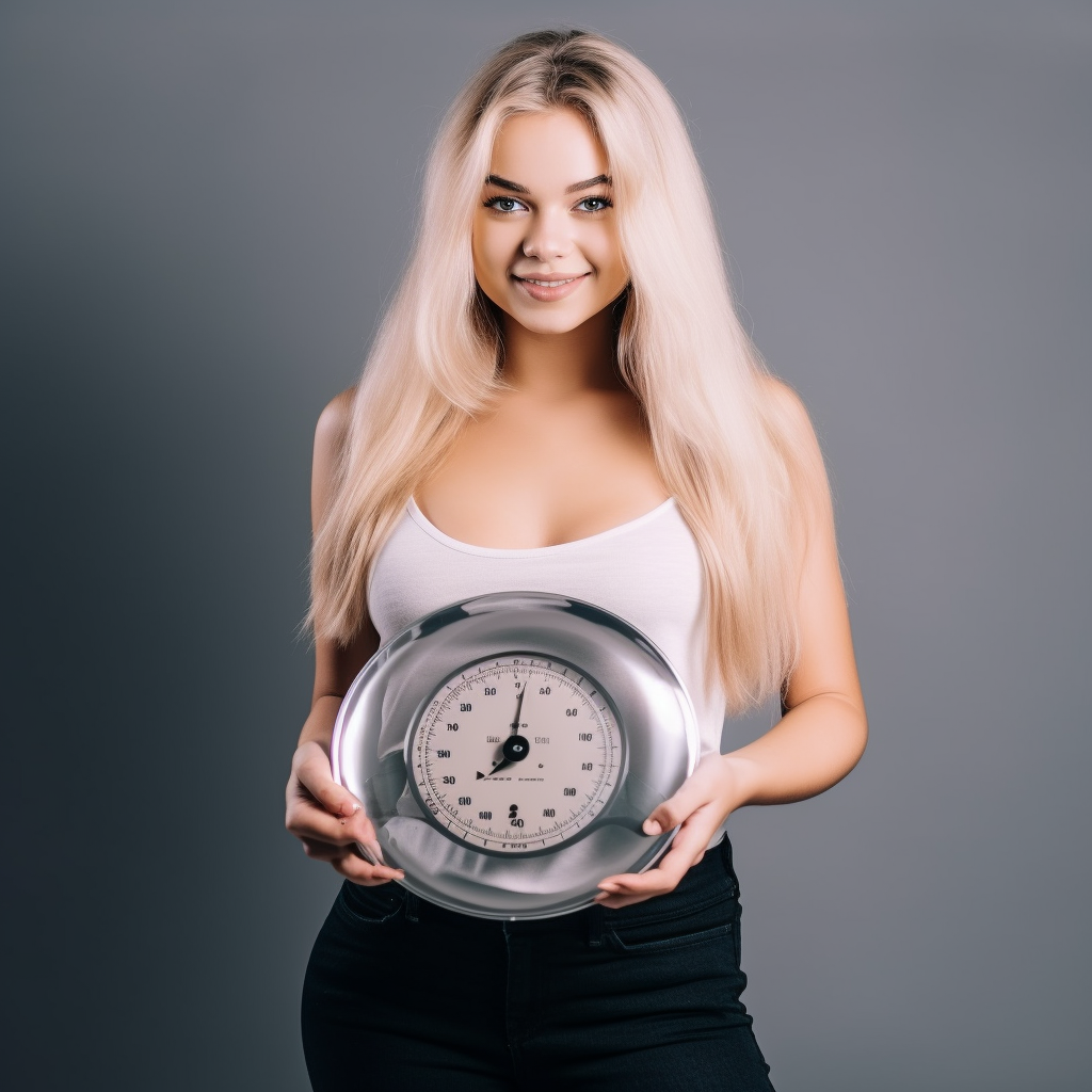 Blonde woman displaying balanced scale