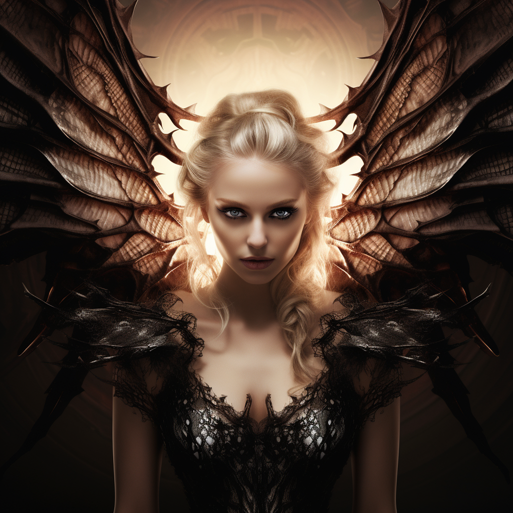 Beautiful blonde woman with horns and bat wings