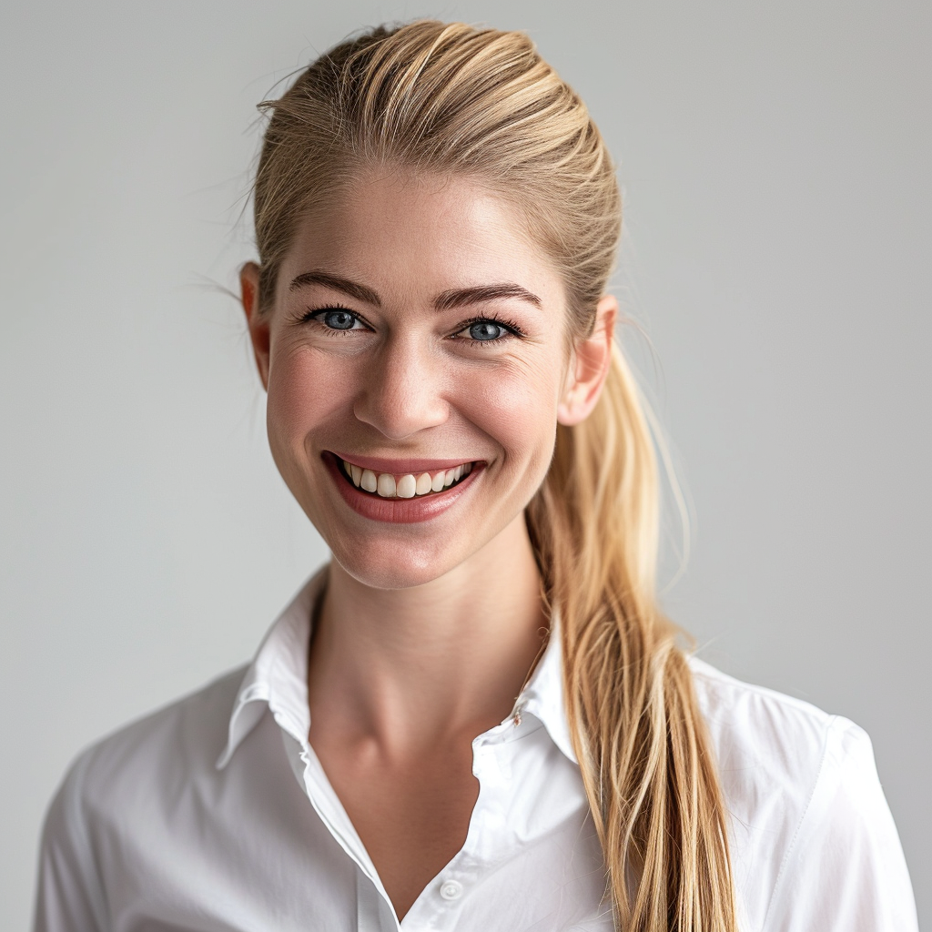 Athletic blonde woman with straightened pony tail