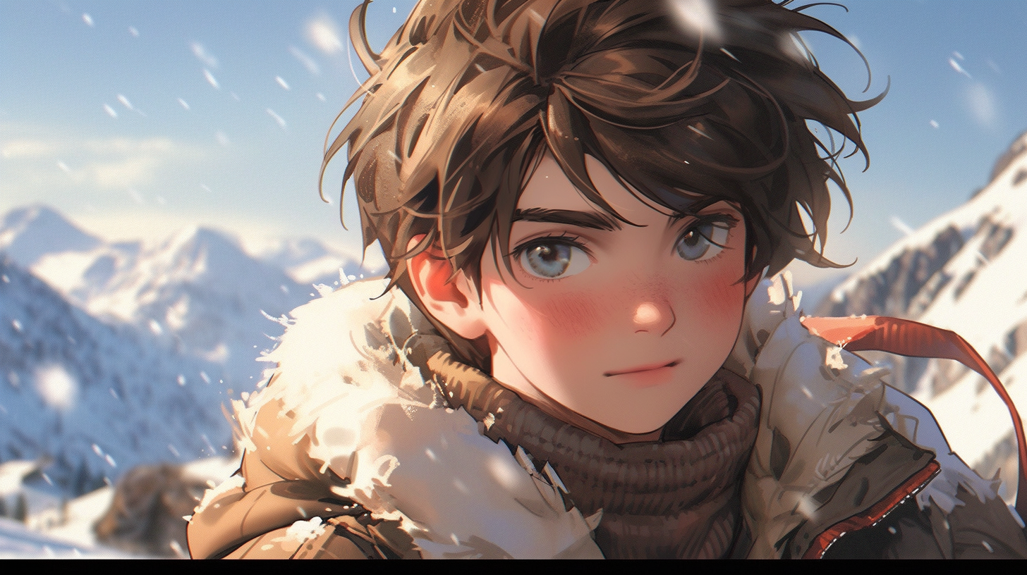 Handsome boy with blue eyes in winter mountains