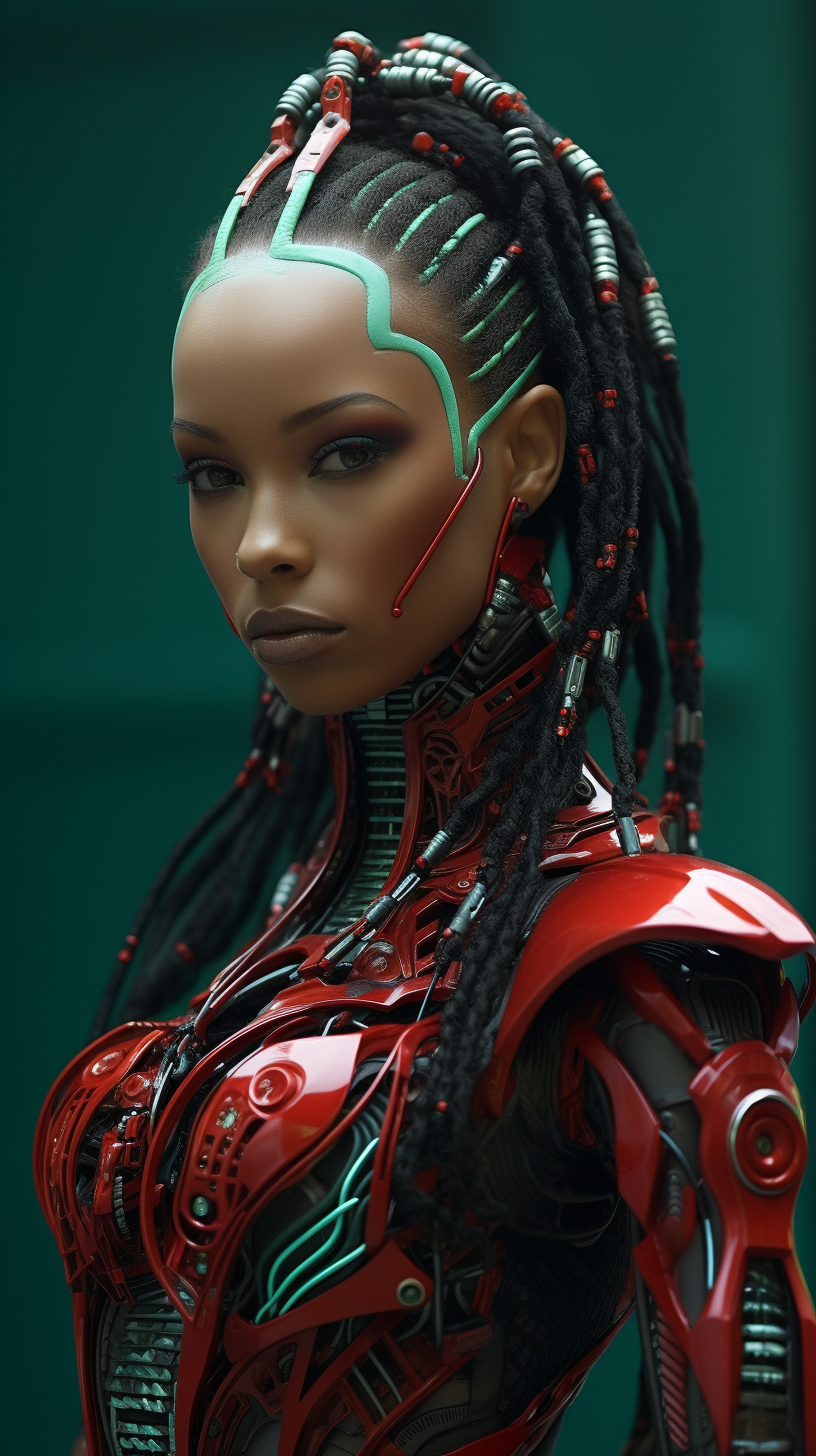 Elegant braided cyborg wearing red and green futuristic outfit