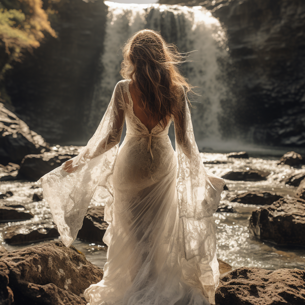 bride with white veil at waterfall