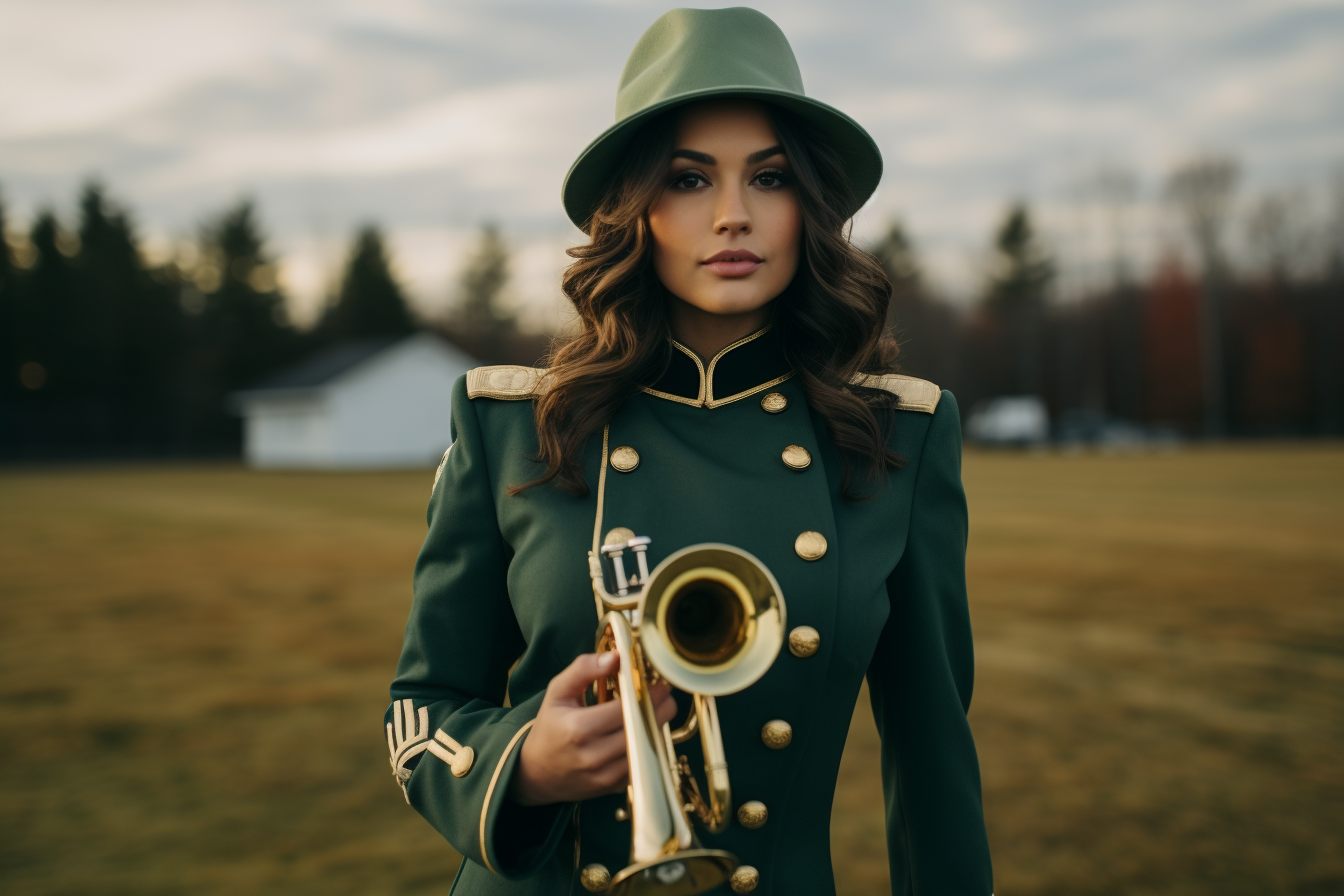 Young woman playing a trumpet in band uniform