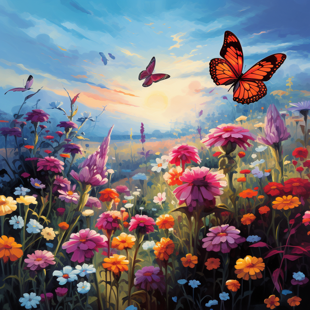 Colorful butterflies in a flower garden