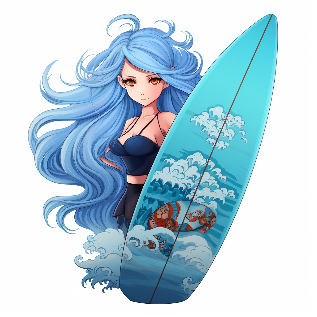 Cartoon woman with blue hair riding surfboard