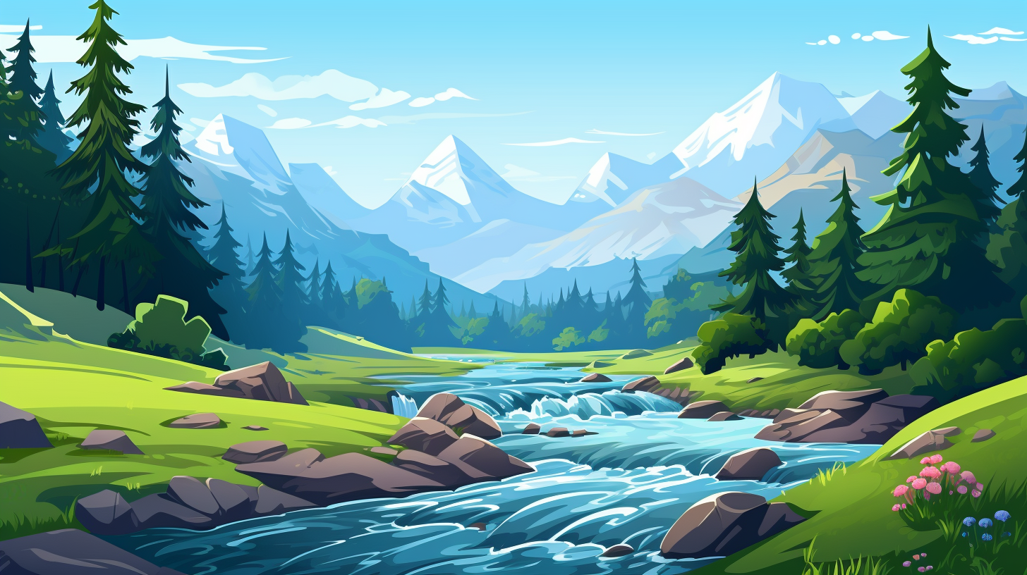 Cartoon style of a beautiful mountain river