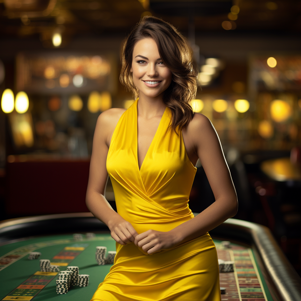 Smiling casino dealer in yellow dress