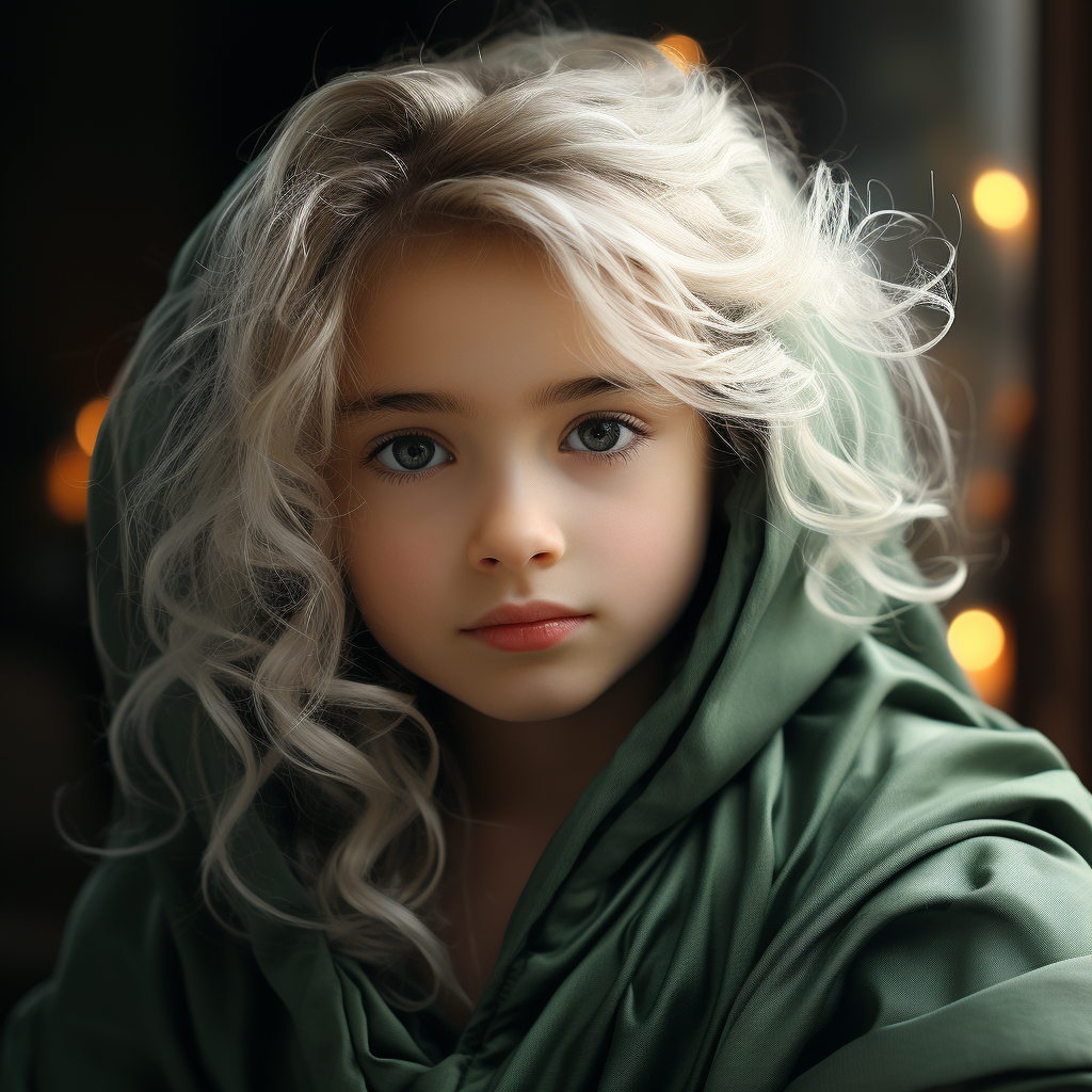 Child with white hair and loving eyes by the sea