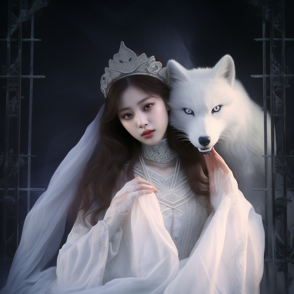 Beautiful Chinese girl with ghost-like white fox