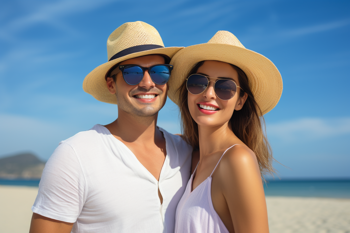 Smiling couple on the beach with sunglasses and hat