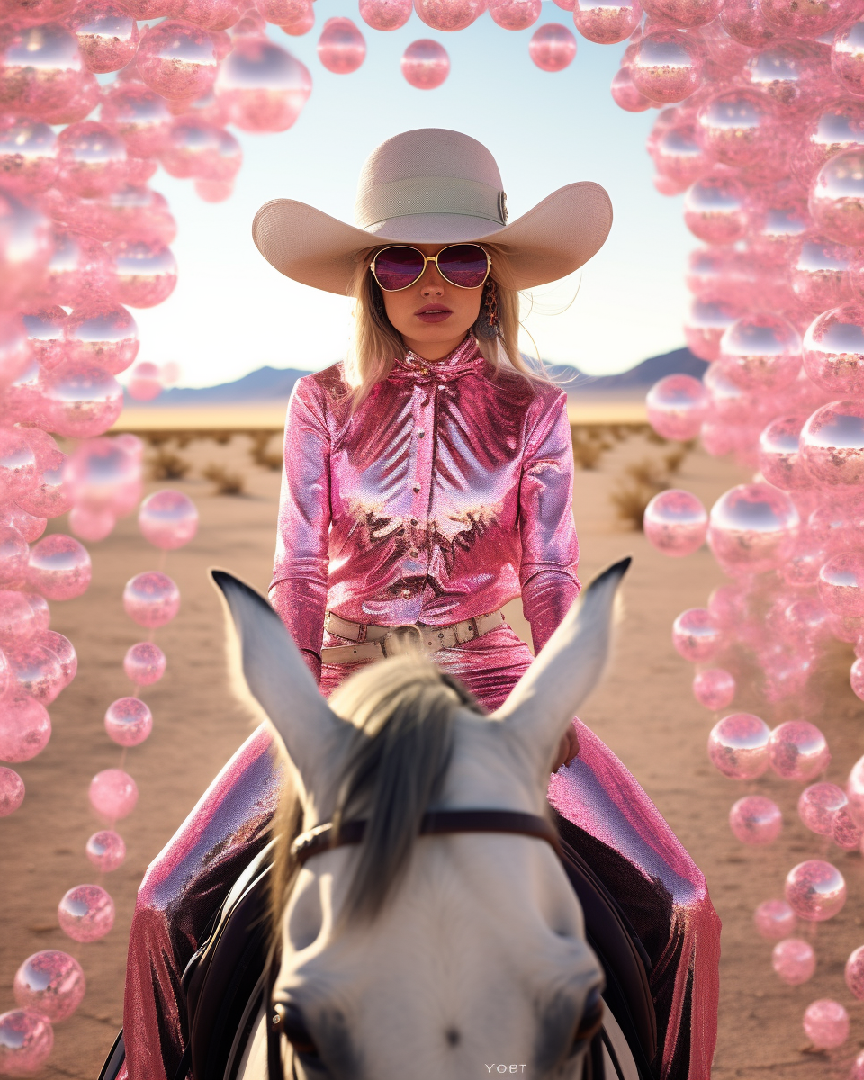 Cowgirl riding disco ball horse in desert