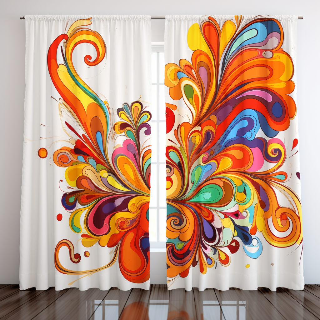 Vibrant cartoon-style curtains on a white background