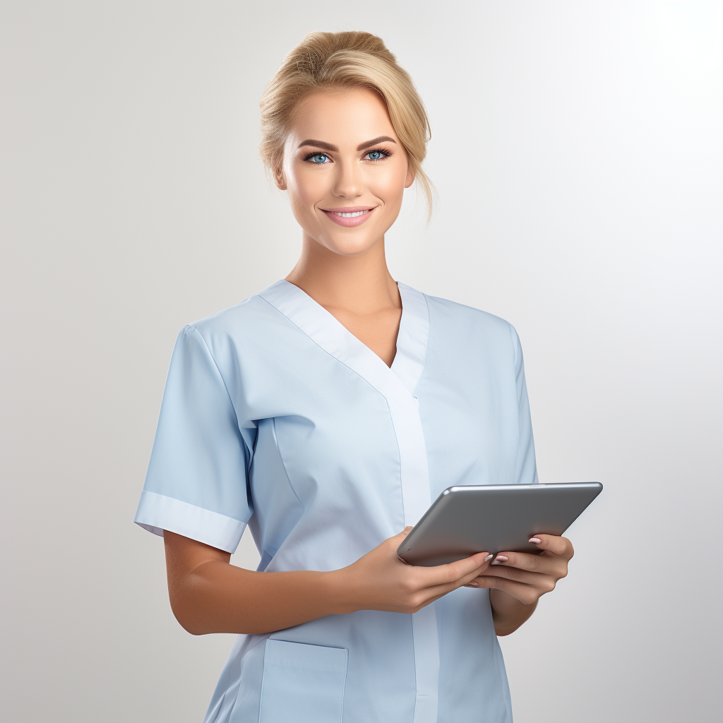 Dentist girl holding iPad in white uniform