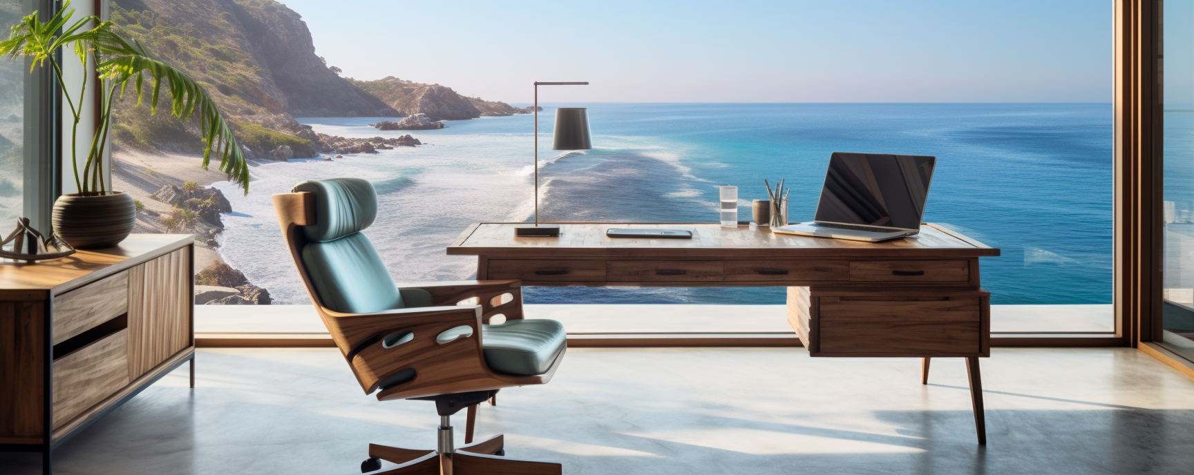 Elegant desk setup with ocean view