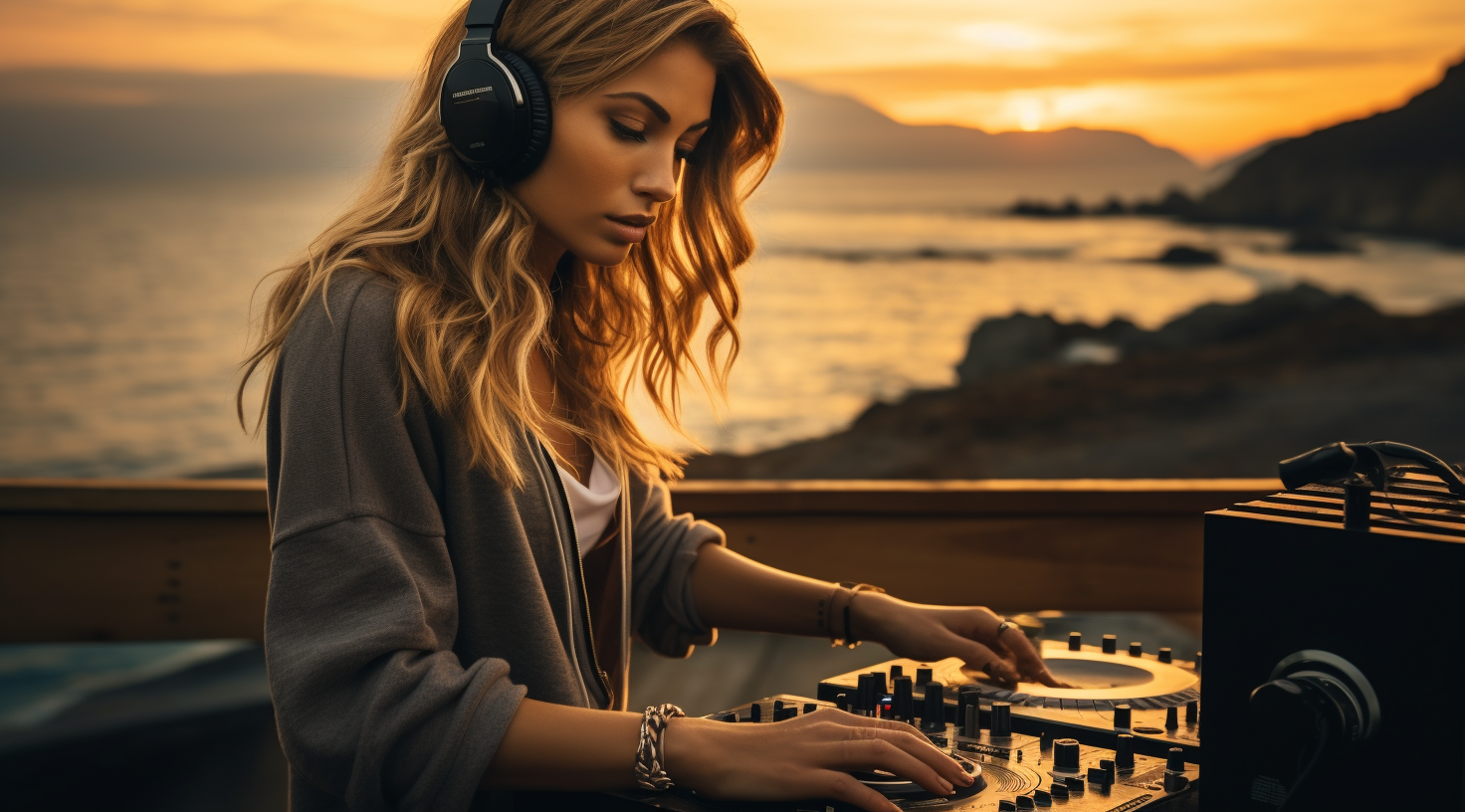 DJ woman mixing music by the sea