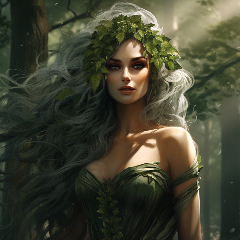 Stunning dryad with green hair and emerald eyes