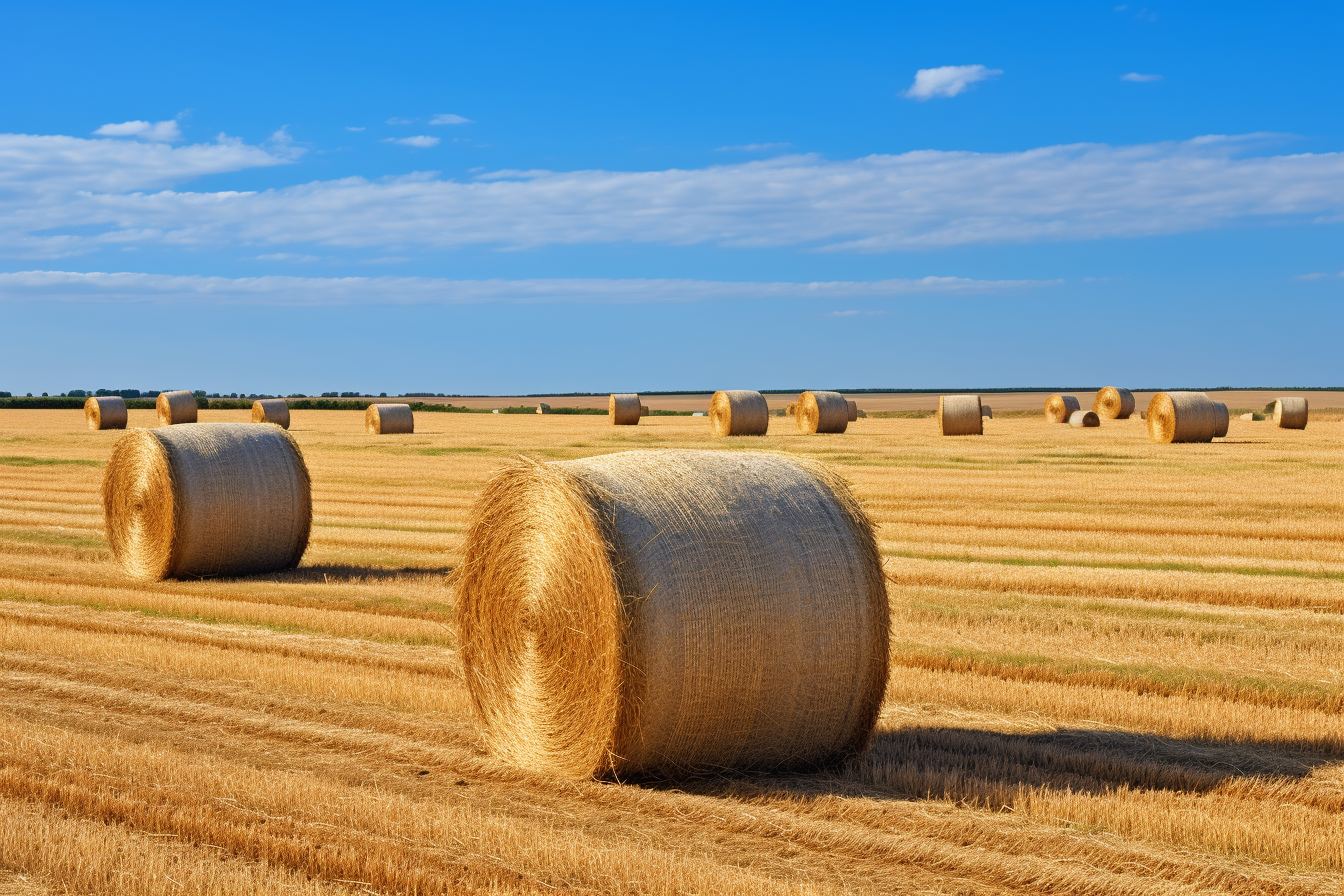 Scenic view of English countryside with hay bales