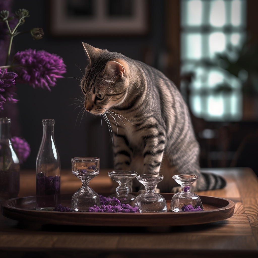 Exotic spotted cat balancing carafe on tray