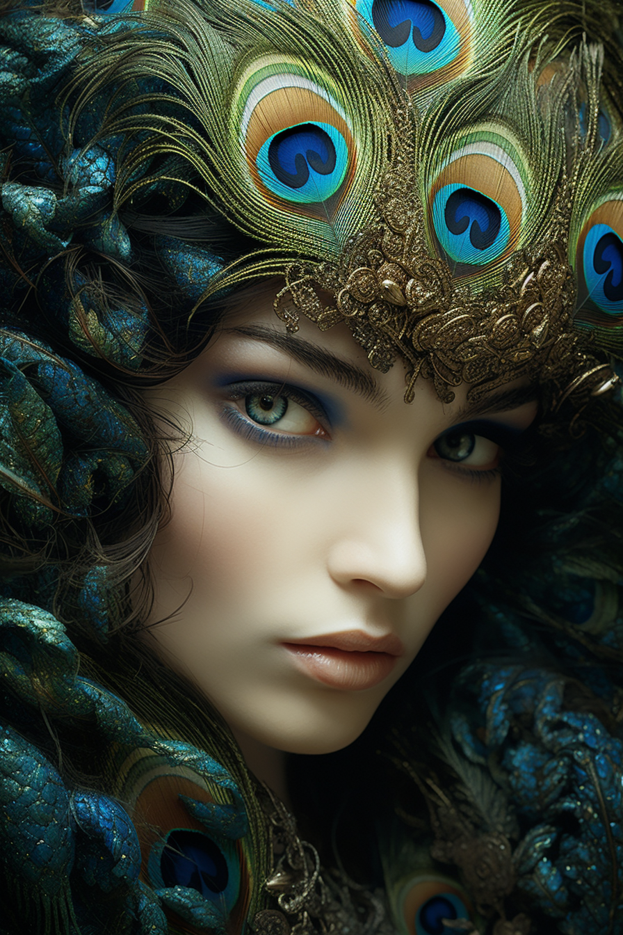 Woman with Peacock Feathers and Beautiful Eyes