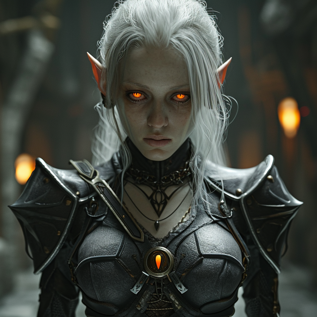 Beautiful female drow mage with orange glowing eyes