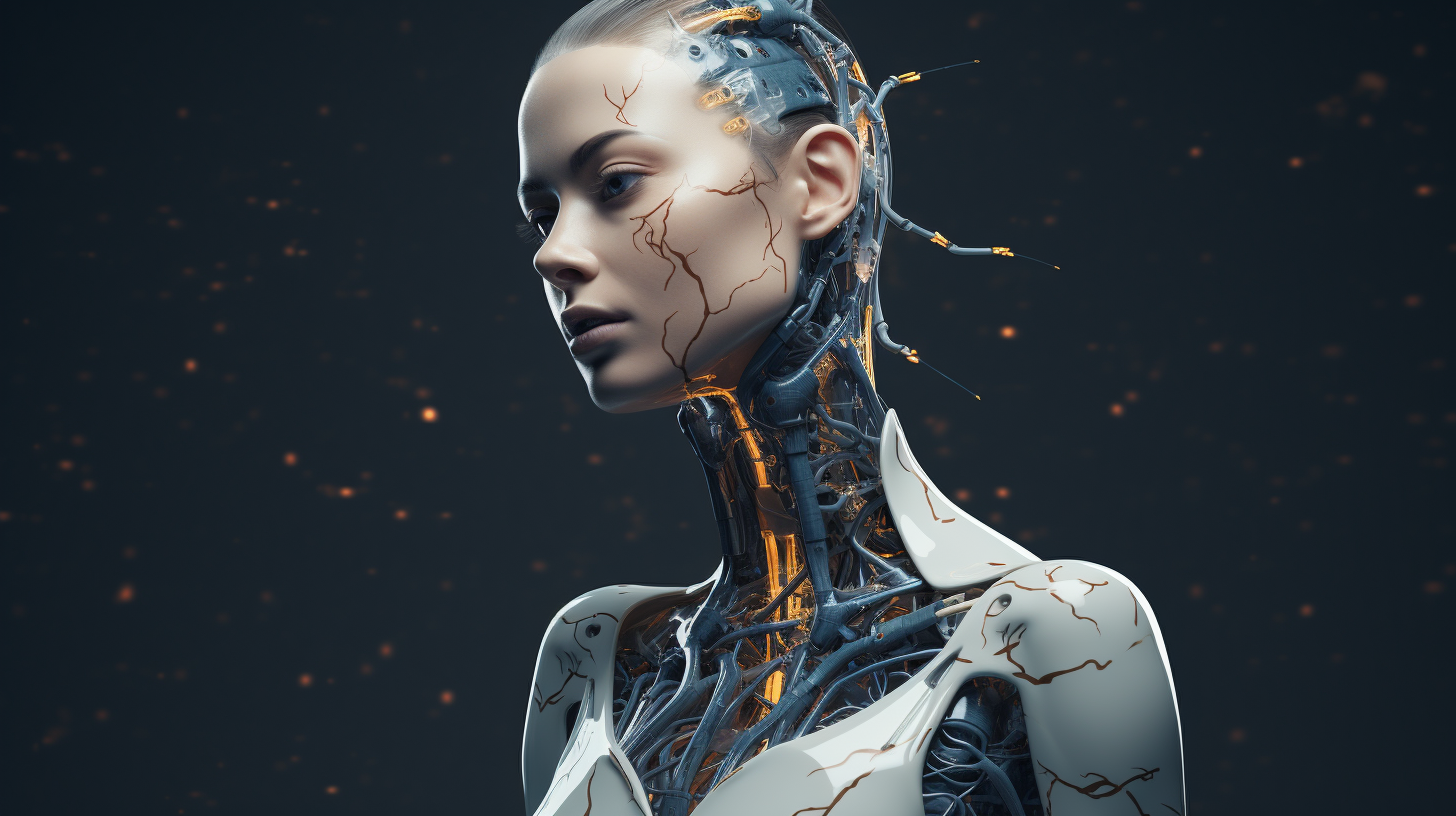 Robotic female with circuits and wires in dark background