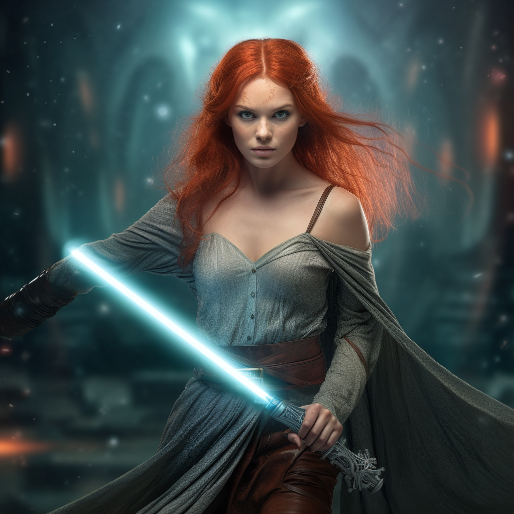 Beautiful female Jedi in battle cocktail dress