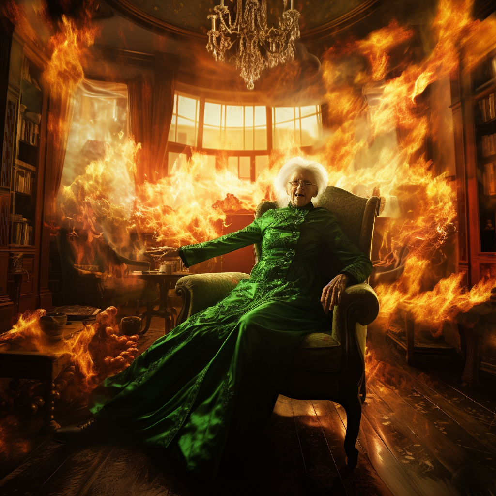 Female meditating in green bodysuit surrounded by flames