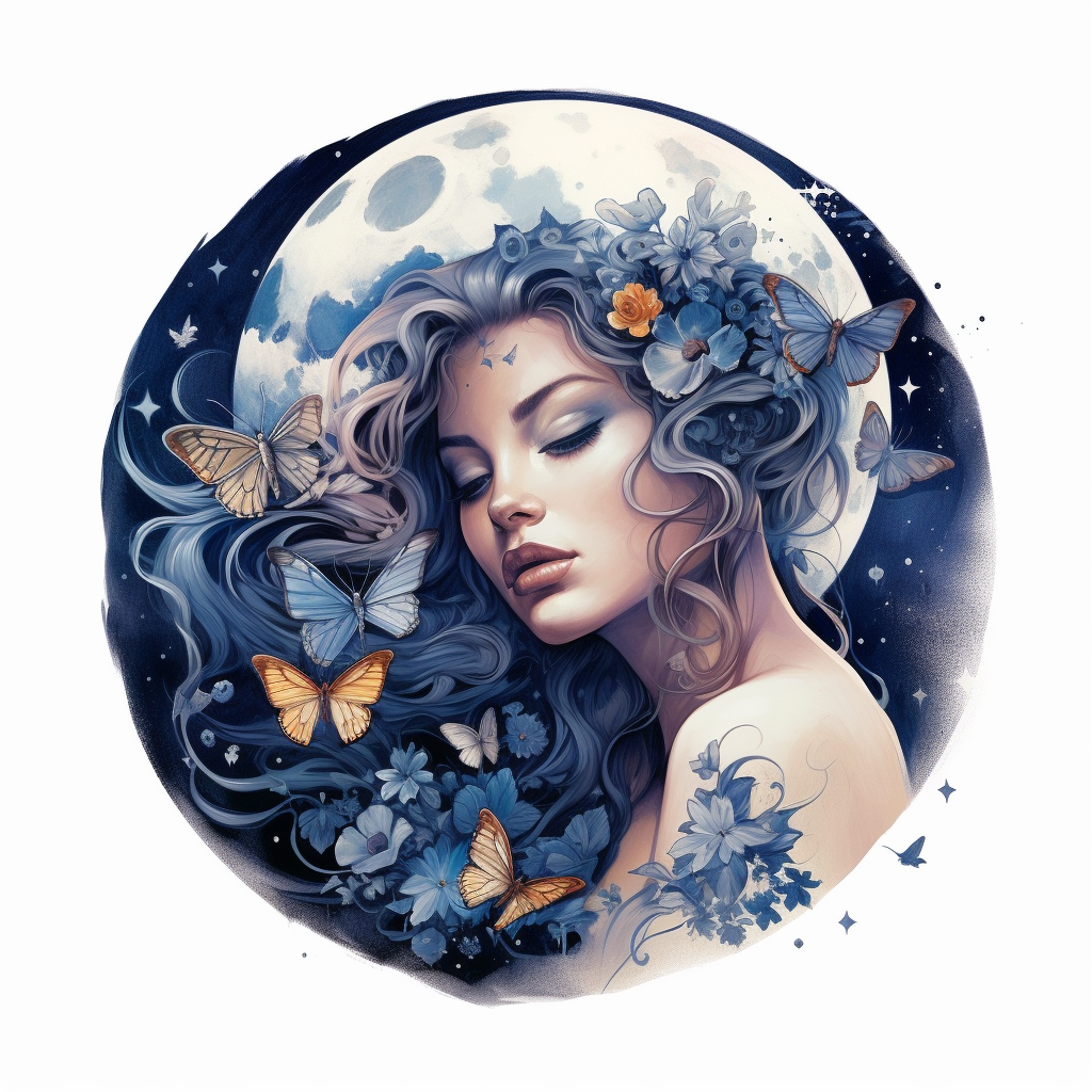 Realistic tattoo design with moon, stars, and butterflies