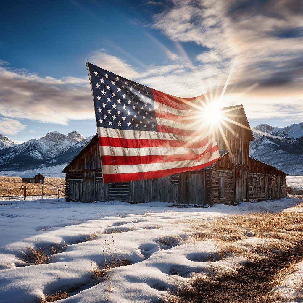 Flag waving proudly in front of mountain barn