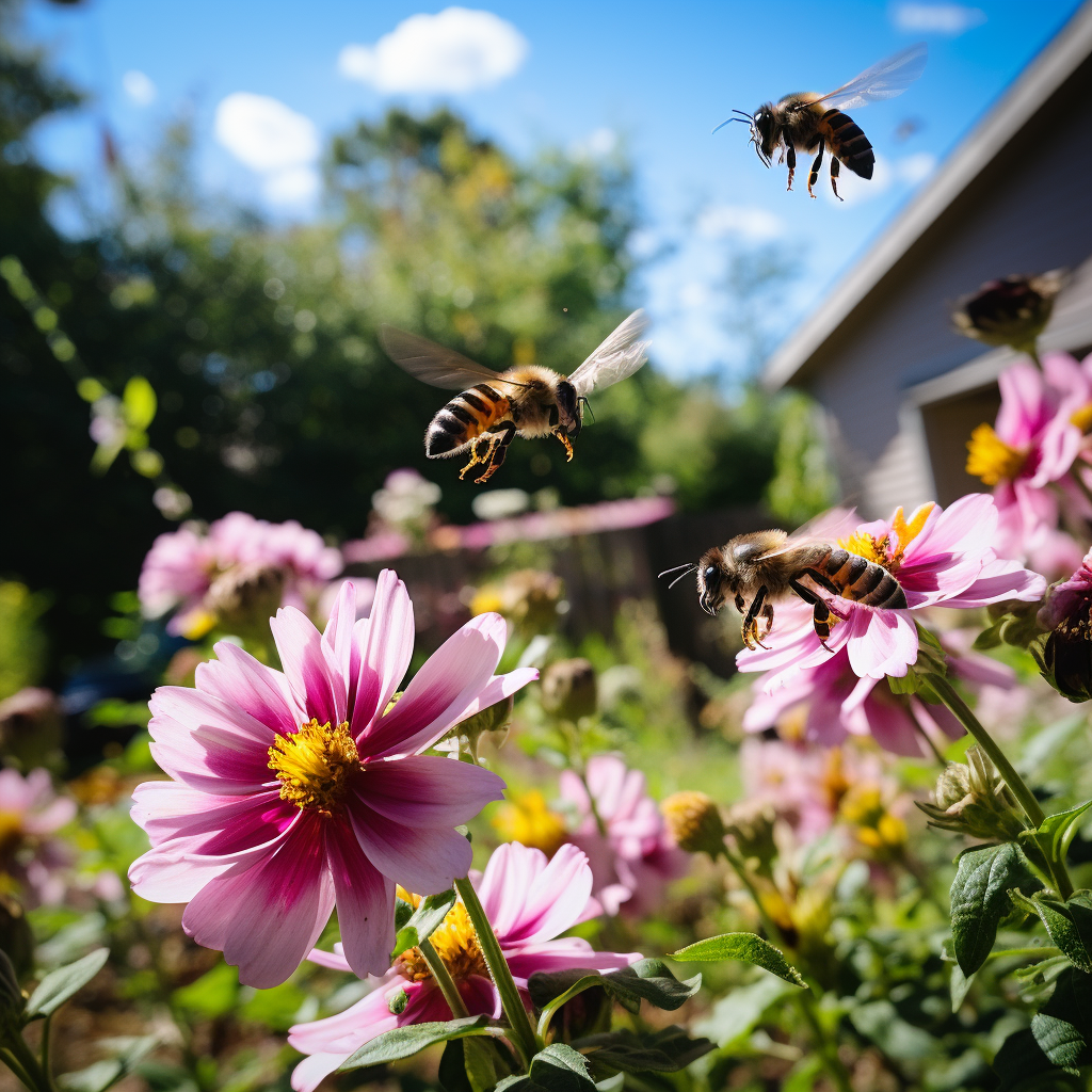 Two bees flying in a stunning flower garden