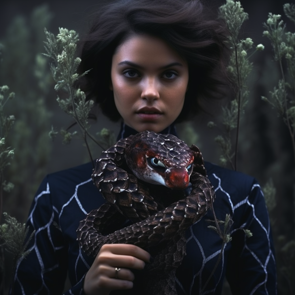 Woman holding black bush viper in special dress