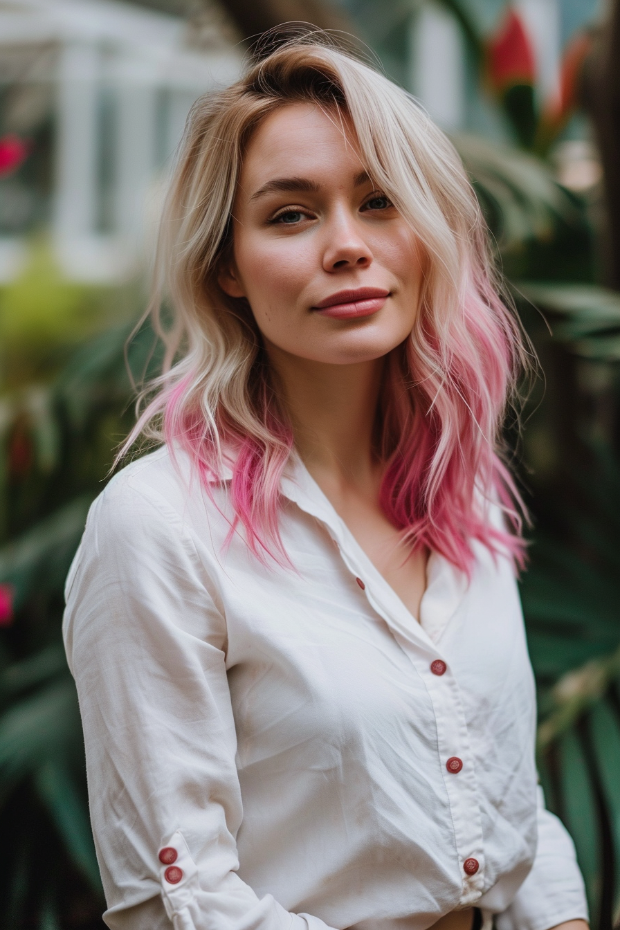 French woman with pink ombre and white blouse