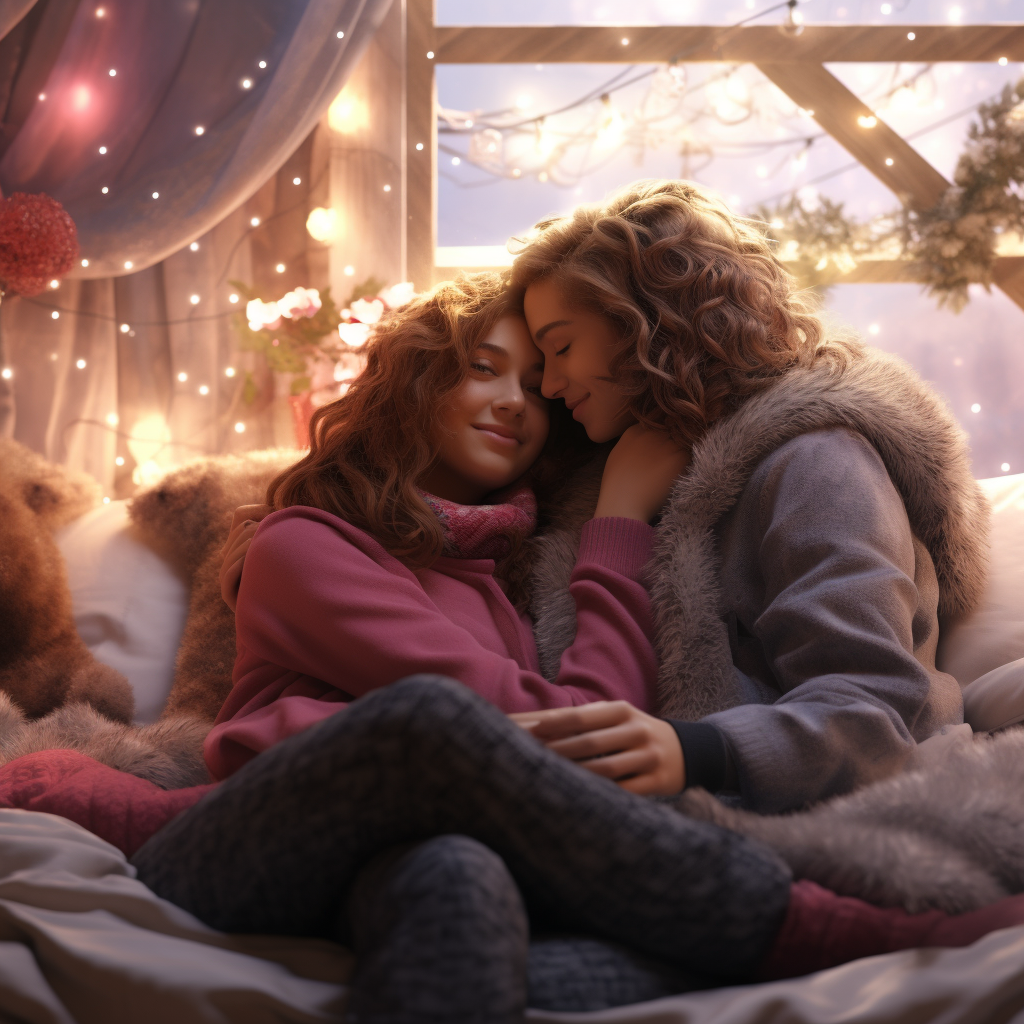 Two Happy Gay Girls Cuddling in Cozy Bed