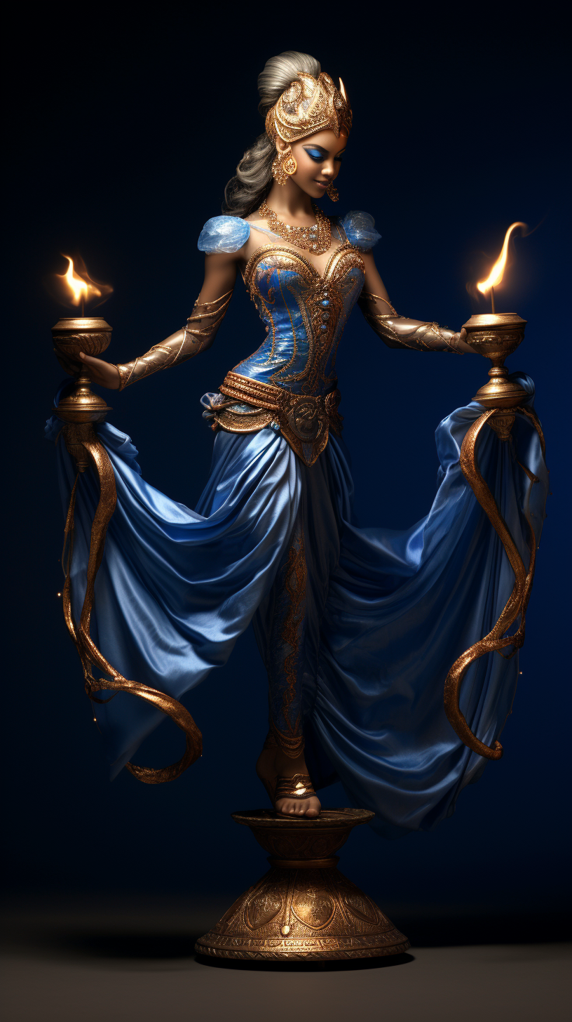 Elegant Genie in Blue Silk Emerging from Magic Lamp