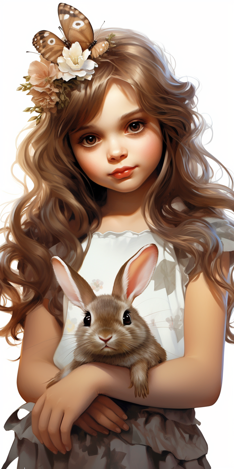 Cute girl with brown rabbit and butterfly