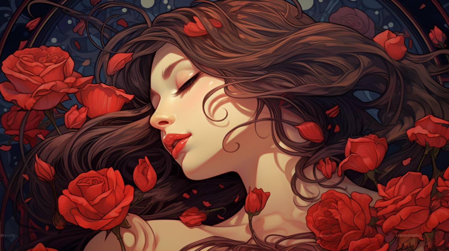 Beautiful girl surrounded by nightingales and roses