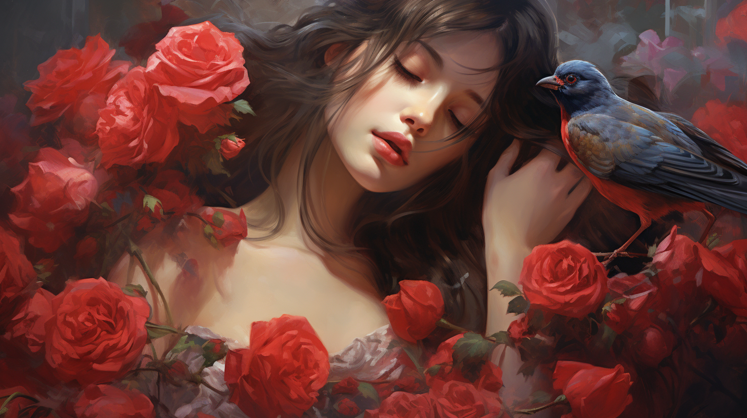 Beautiful girl surrounded by nightingale and roses