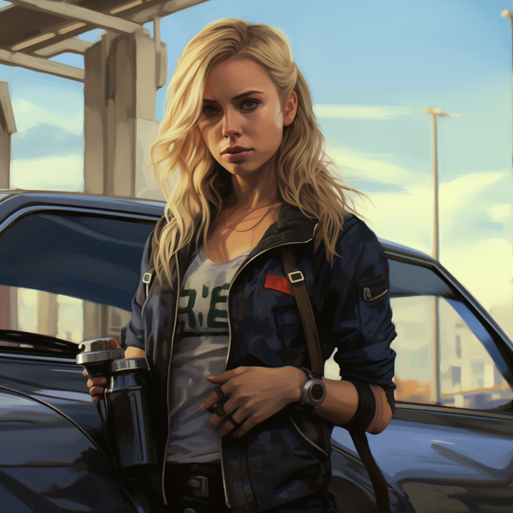 Blonde girl filling up car with fuel