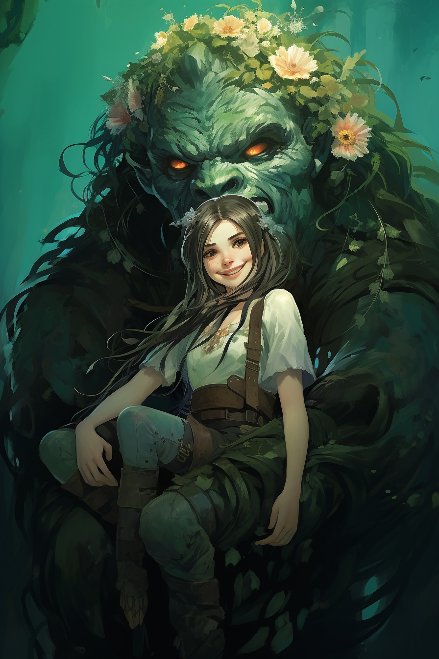 Girl on Ogre's Shoulders with Flower Decoration