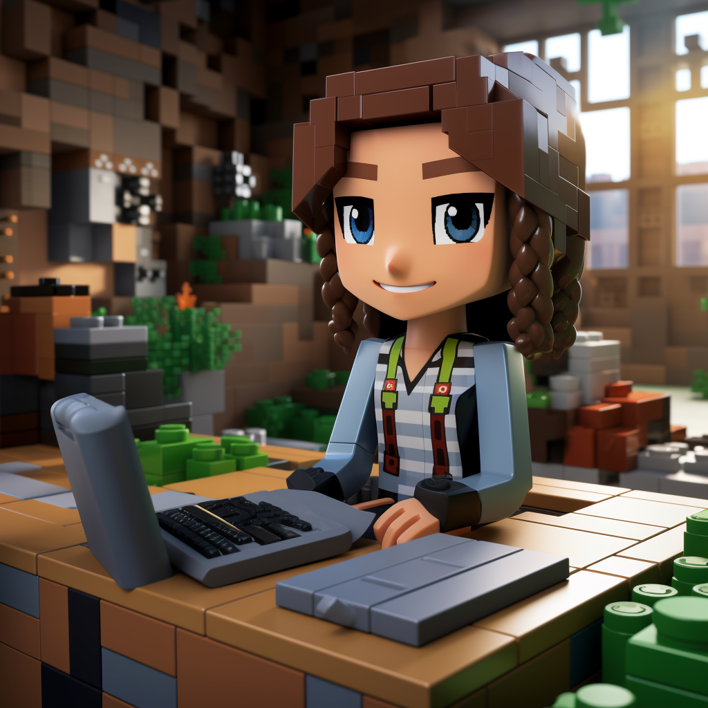 Beautiful girl attending videoconference, learning English in Minecraft