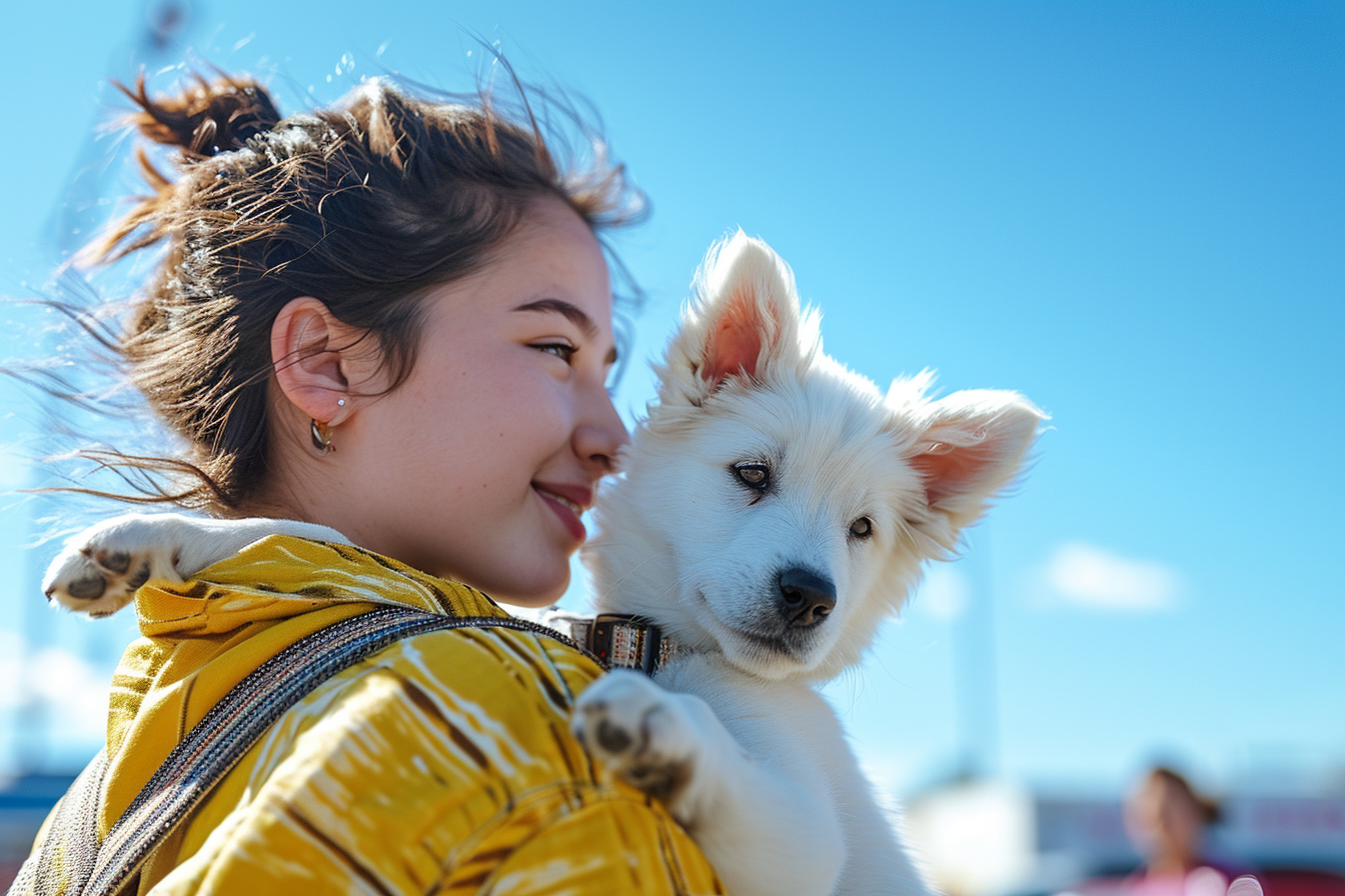 Beautiful girl with adorable white dog at Walmart