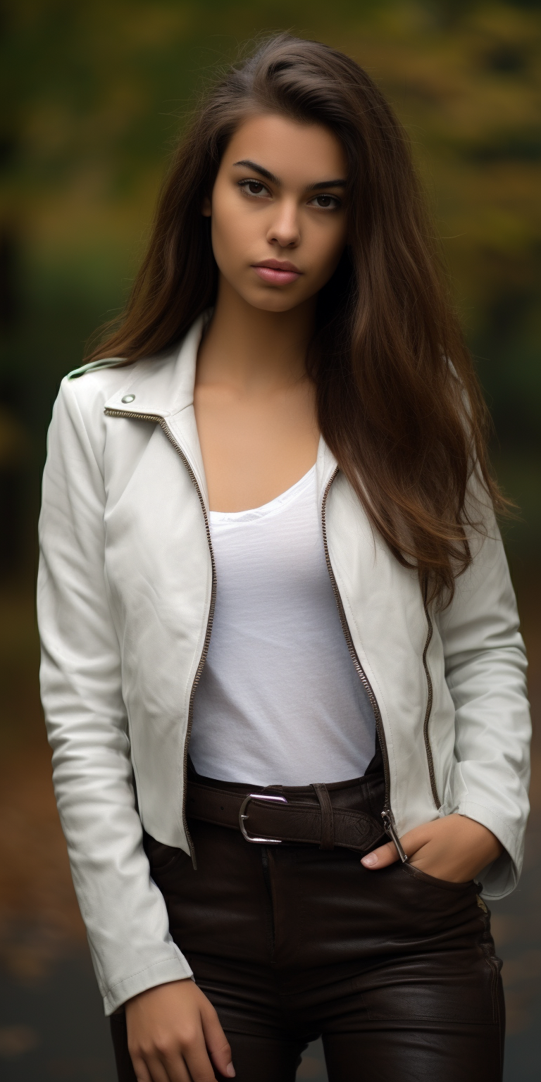 Stunning girl in white leather outfit