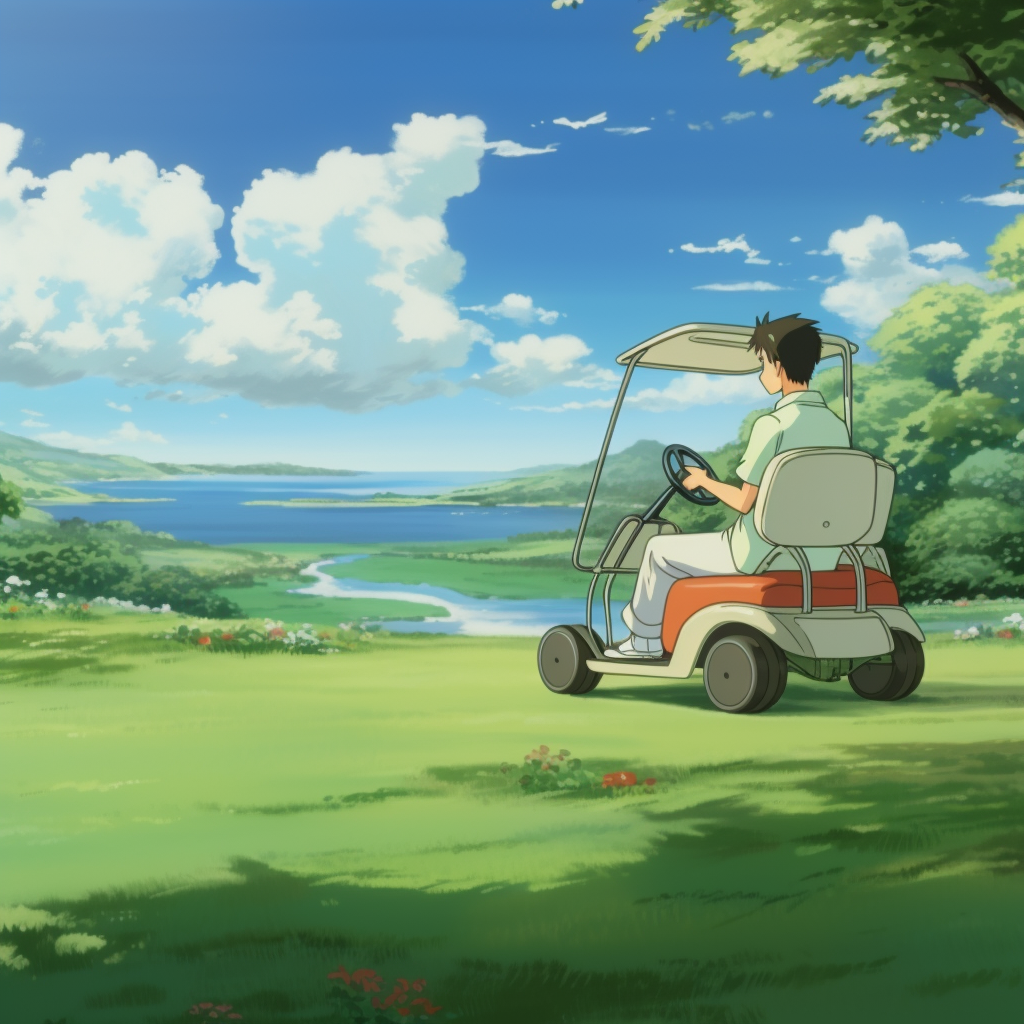 Male character enjoying a golf ride